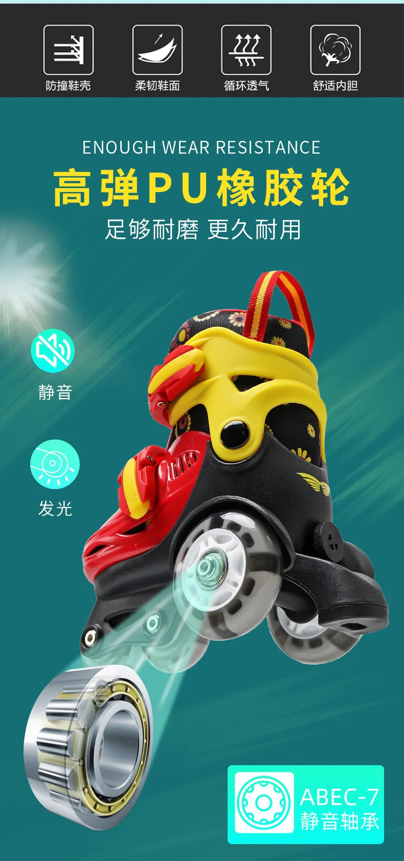 Children's Double Row PU Roller Skates – High Elastic, Adjustable Size for Ages 2-8 Kids