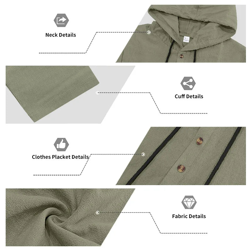 Men's Linen Casual Loose Hooded Henley Shirt & Long Pants Set – Relaxed Autumn 2-Piece Suit