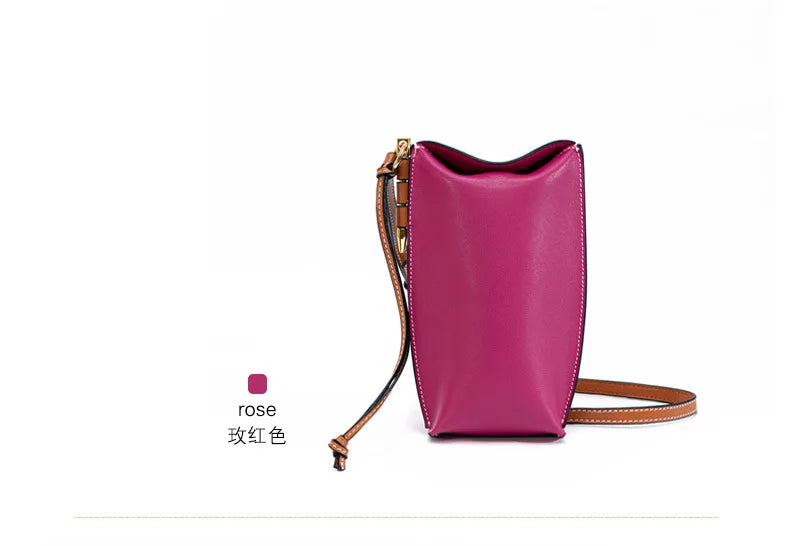 100% Genuine Cowhide Leather Mini Baguette Crossbody Bag – Phone Shoulder Bag for Women