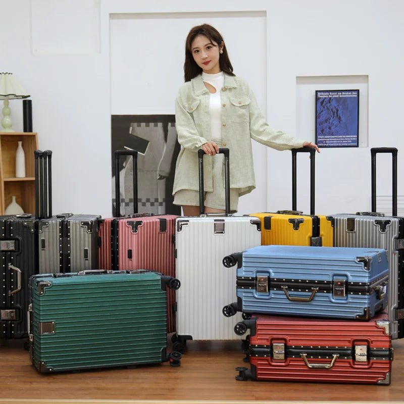 Aluminum Frame Leather Trolley Case — 20"/24"/26"/28" Universal Wheels