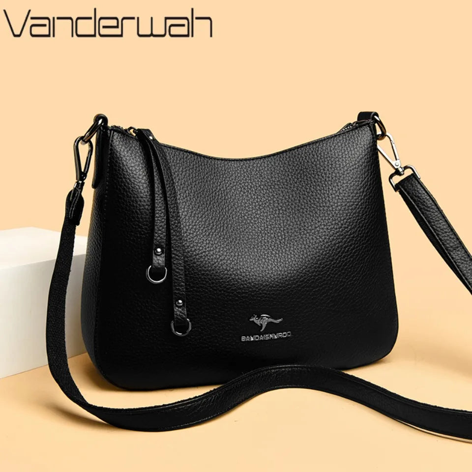 VANDERWAH Genuine Cow Leather Letter Sequin Crossbody Tote – Luxury Designer Shoulder Bag for Women