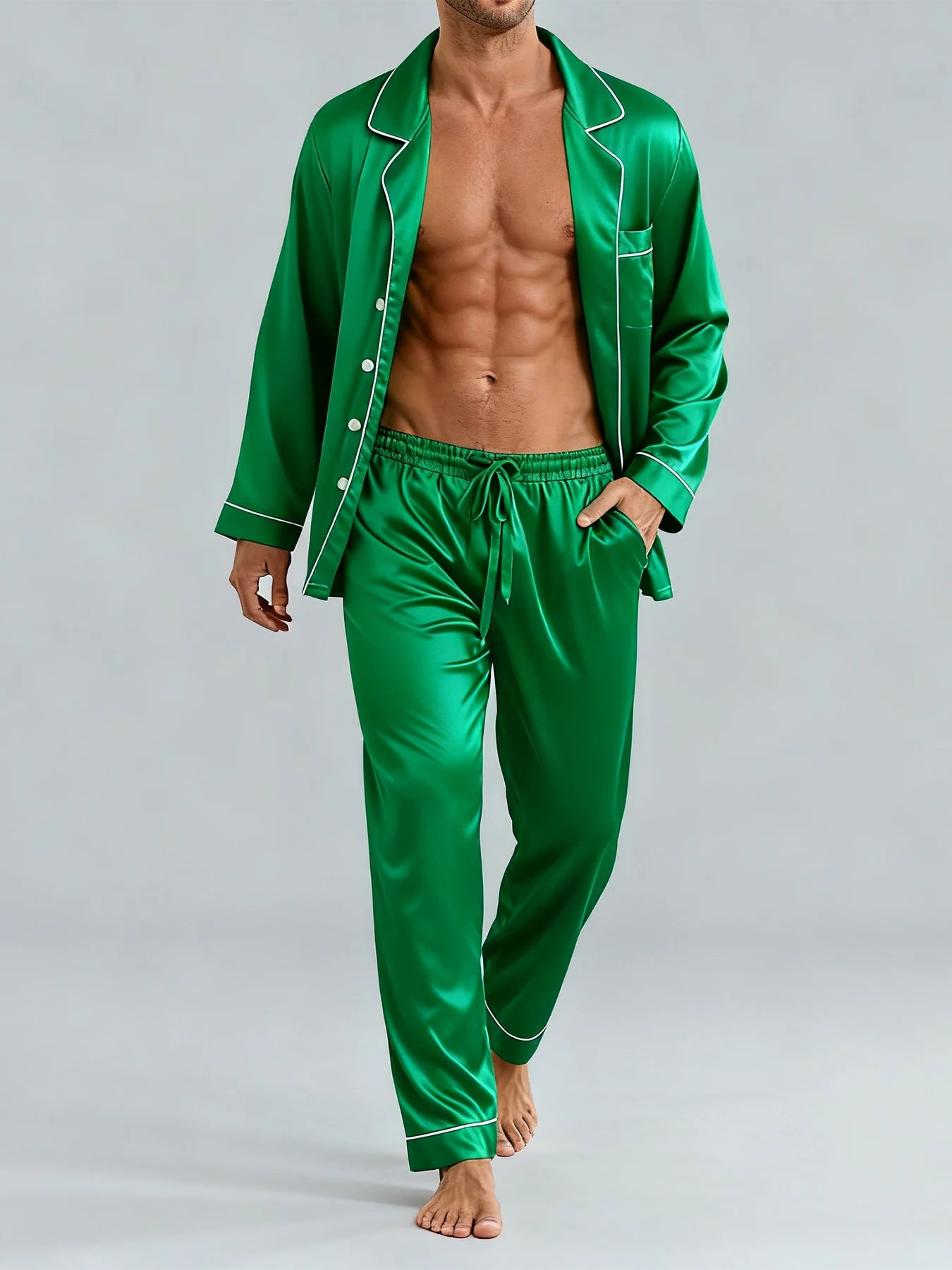 Men's Luxury Contrast Trim Pajama Set — Long Sleeve Top & Pants