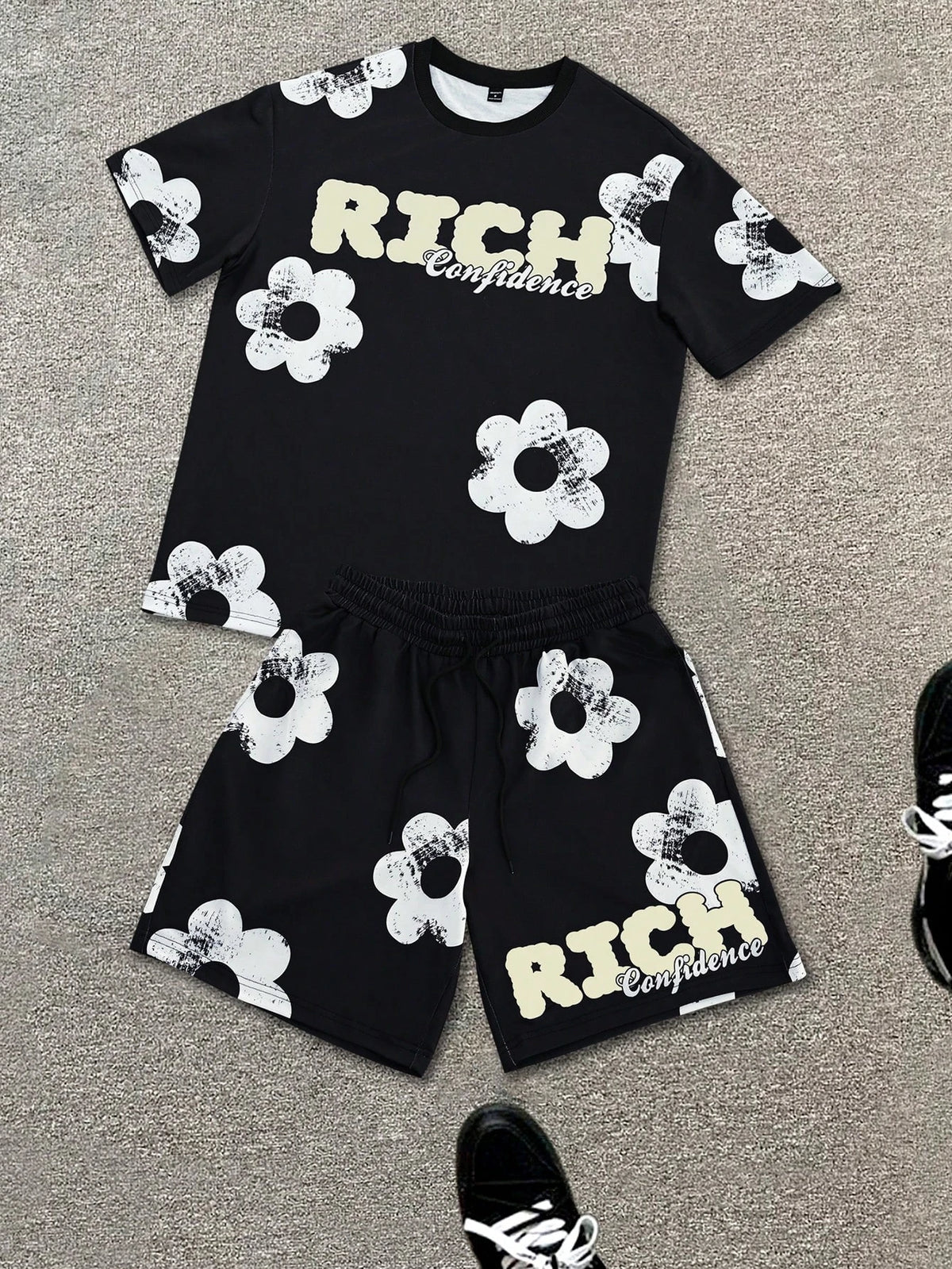 Men's Flower Graphic Print T-Shirt & Elastic Waist Shorts Casual Two-Piece Set