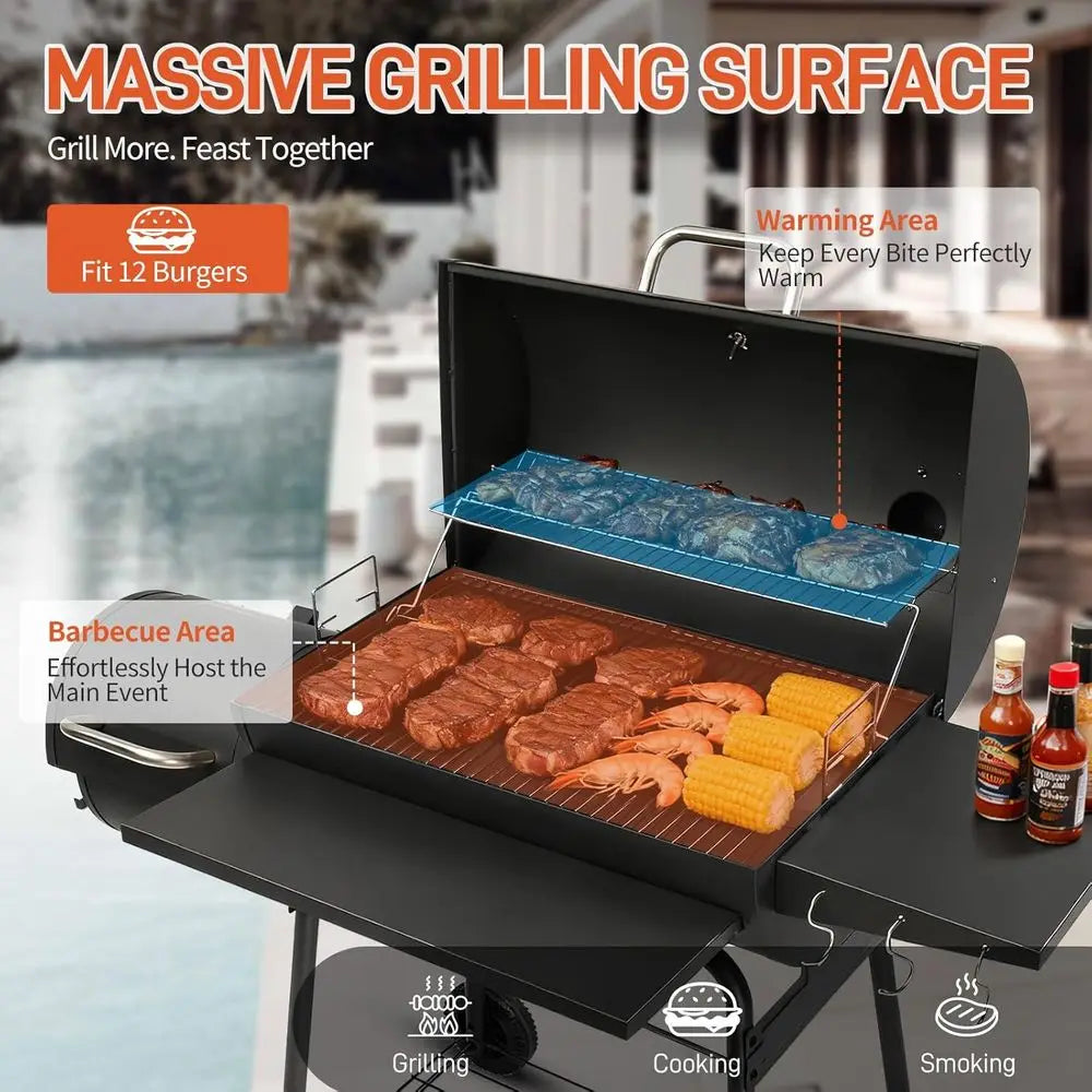 Large Outdoor Charcoal Smoker Grill Combo | 2-in-1 Grilling & Smoking, Built-in Ignition Mesh, Adjustable Vents, 52x44x20 In.