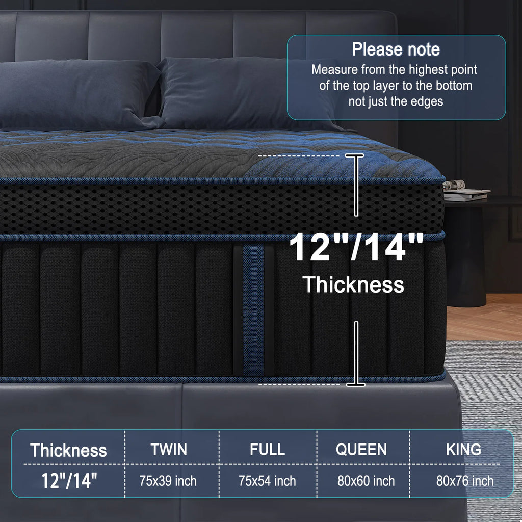 12/14 Inch Hybrid Mattress — Euro Top, Medium Firm, Memory Foam & Pocket Spring for Back & Lumbar Support (Twin to King)