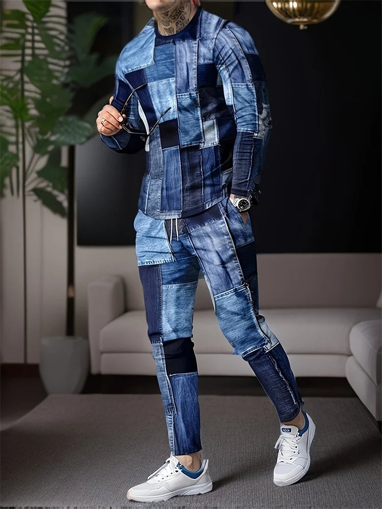 Men's Retro Quilted Print Long Sleeve T-Shirt & Pants Set – Casual Street Sport 2-Piece