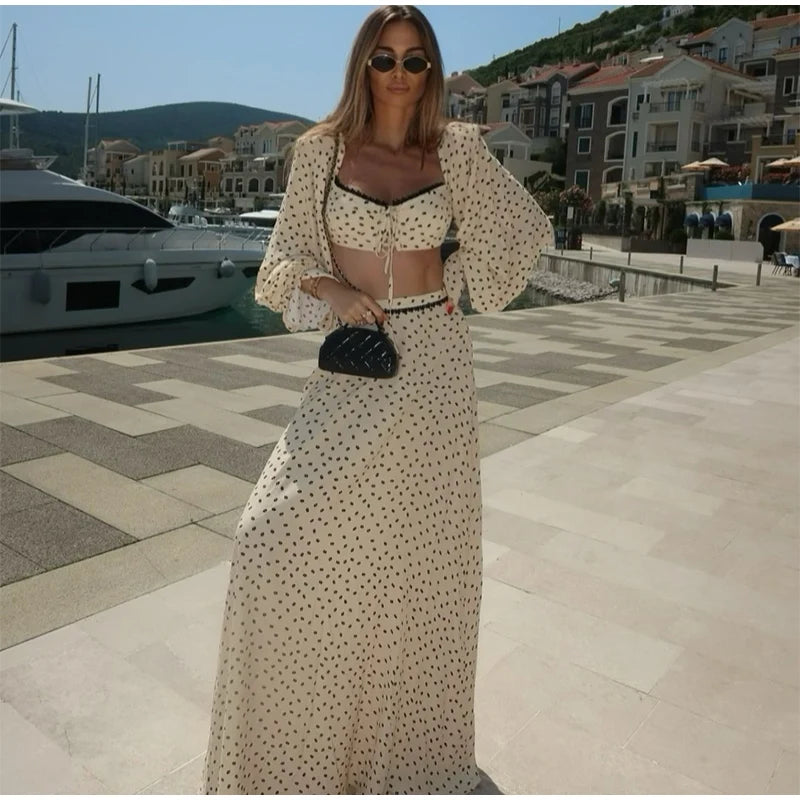 Polka Dot Puff Sleeve Crop Top & Maxi Skirt Set — Square Neck Tie-Front Vacation Outfit