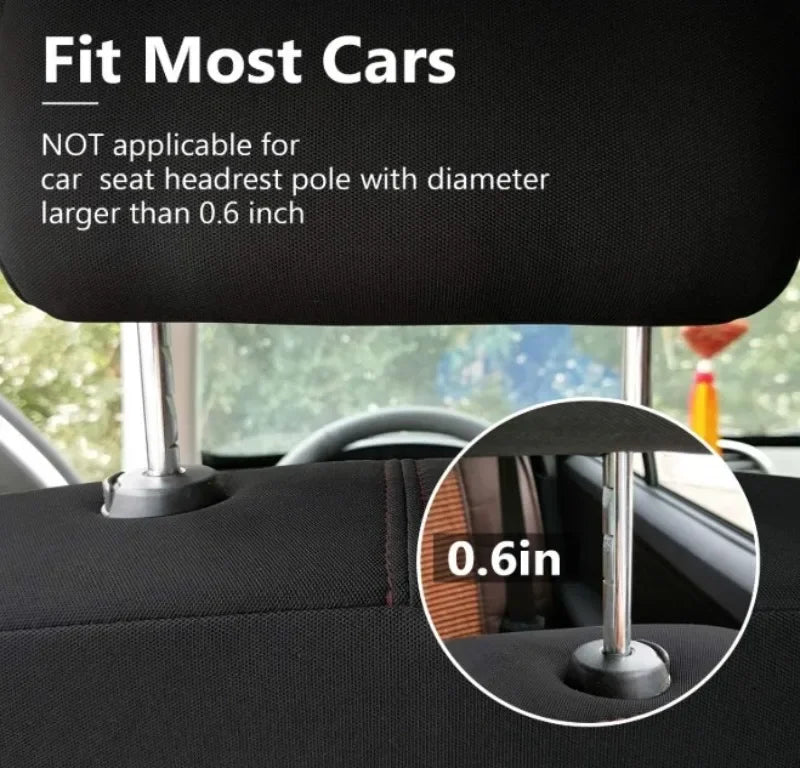 Car headrest hook with text indicating compatibility and size requirement