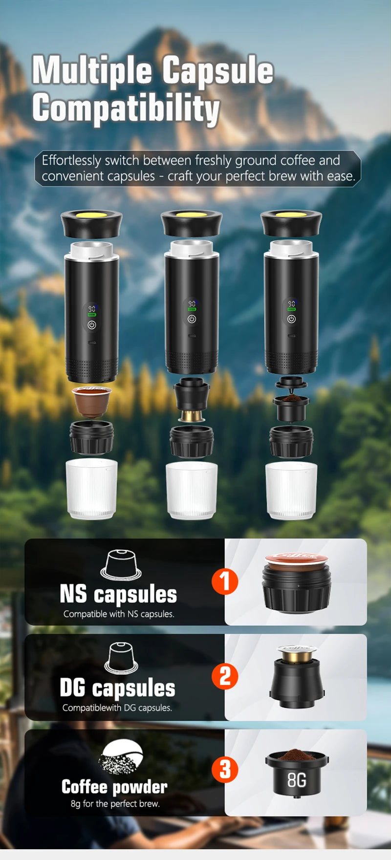 DENOKIN Portable Espresso Coffee Maker – 3-in-1 Capsule Machine with Digital Display for Car, Home & Camping