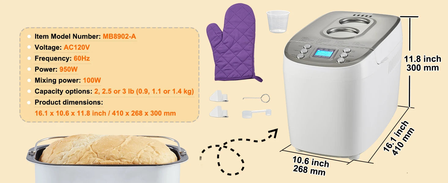 15-in-1 Automatic Bread Maker — 2/3 lb Dough Machine, Nonstick Ceramic Pan, Gluten-Free Setting