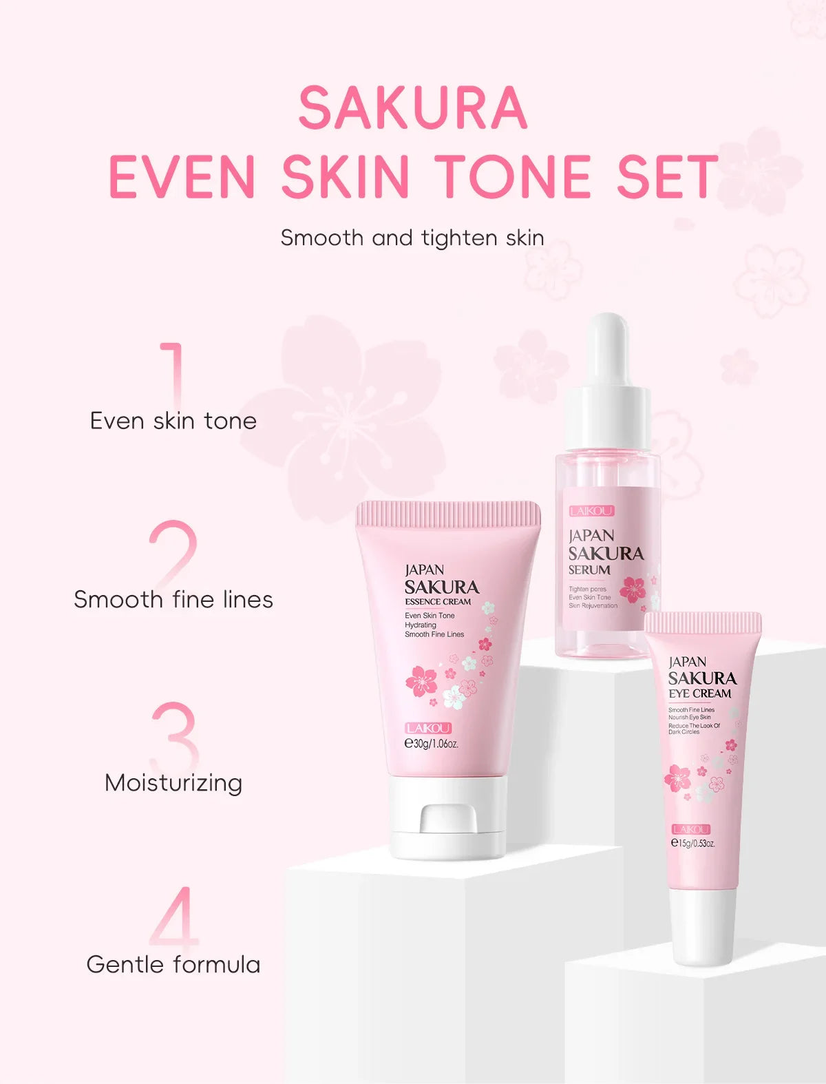 LAIKOU Sakura Skincare Gift Set – Brightening Serum, Eye Cream & Essence Cream 3-Piece Box