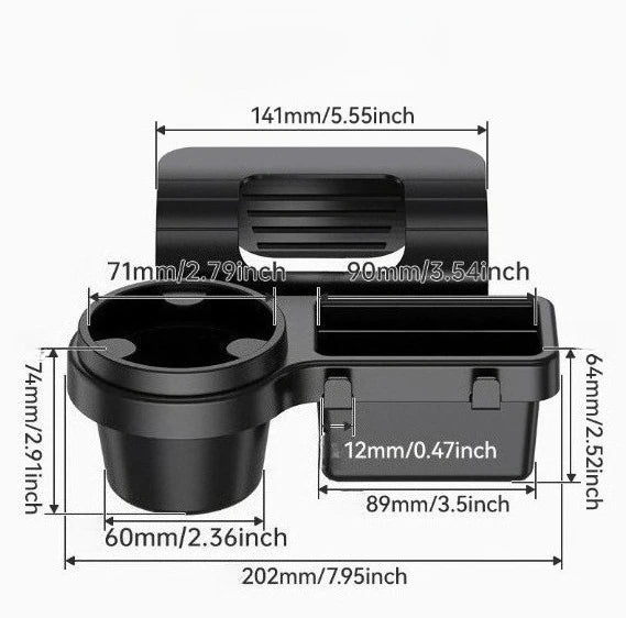 Black plastic car cup holder with dimension annotations showing measurements for width, height, and depth on a white background.