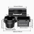 Black plastic car cup holder with dimension annotations showing measurements for width, height, and depth on a white background.