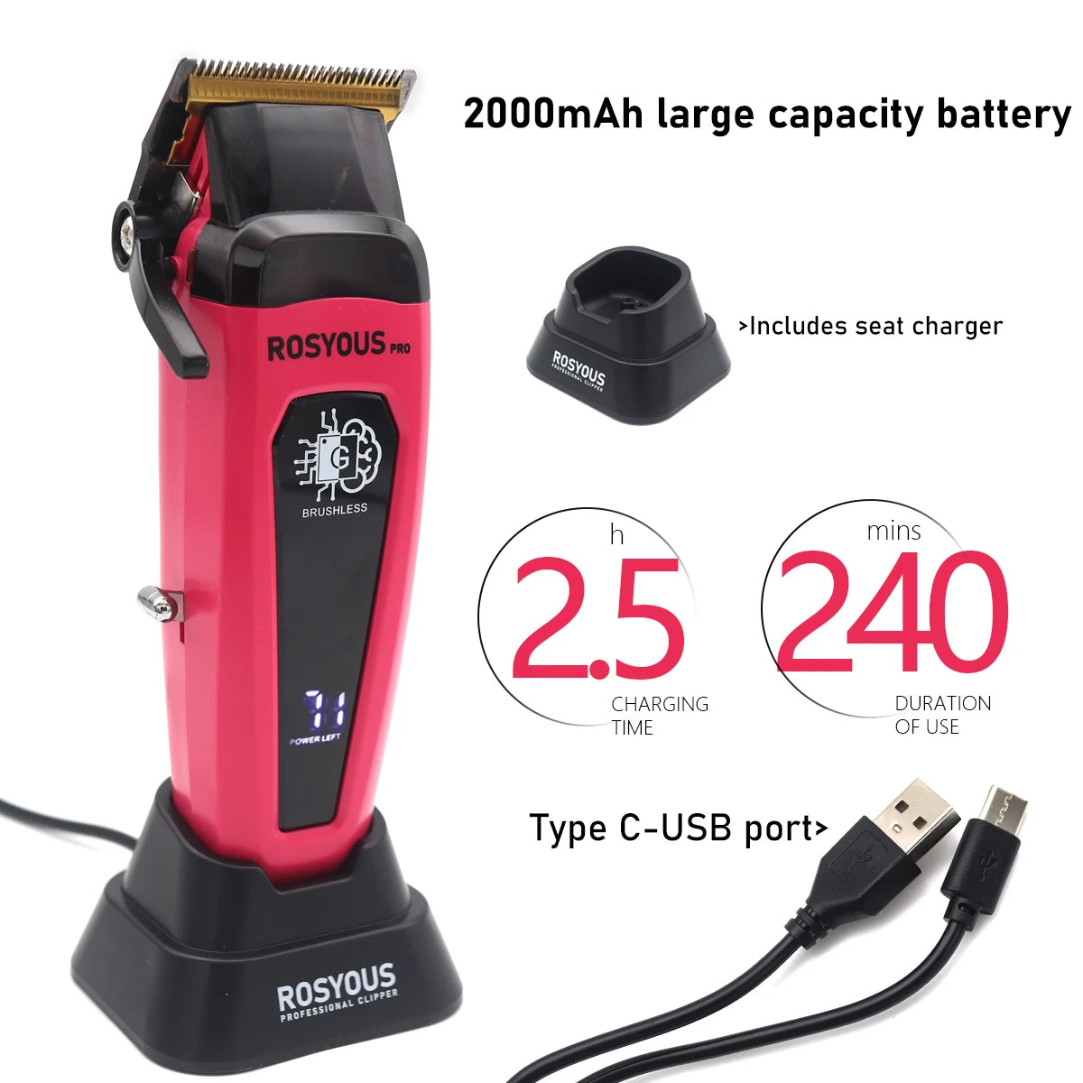 ROSYOUS Professional Brushless Hair Clipper – DLC Blade, LED Display, Base Charger, 240-Min Runtime