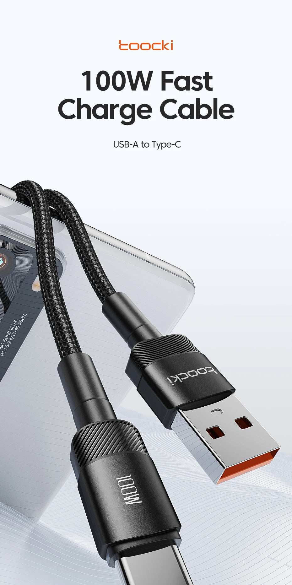 6A Speed. Braided Strength. Every Length. — Toocki USB-A to USB-C 6A 100W Fast Charging Cable | 0.25m to 3m, Huawei, Xiaomi, Samsung, OnePlus, 4 Colors
