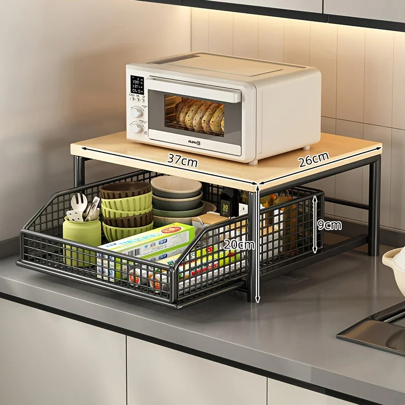 Modern Solid Wood & Metal Microwave Storage Rack — Space-Saving Countertop Kitchen Shelf