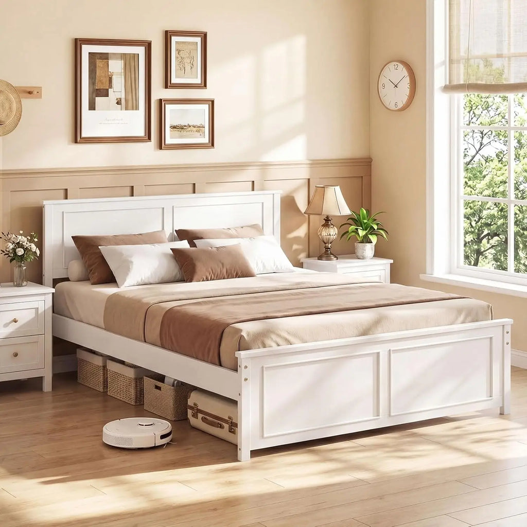 Farmhouse Solid Wood Full Size Bed Frame with Headboard – Platform Bed, Wooden Slat Support, No Box Spring Needed