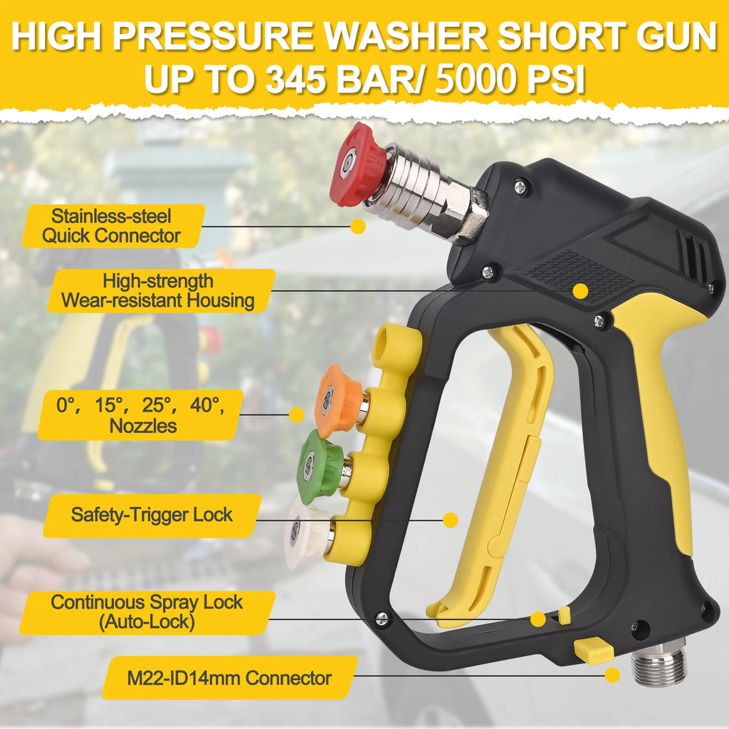 5000PSI Short Pressure Washer Gun – M22-ID14mm Inlet, 1/4" Quick Connector & 4-Slot Nozzle Holder, Foam Cannon Compatible