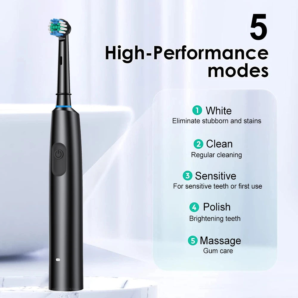 Rotary Rechargeable Electric Toothbrush for Adults – 5 Modes, 30-Day Battery, 8 Brush Heads