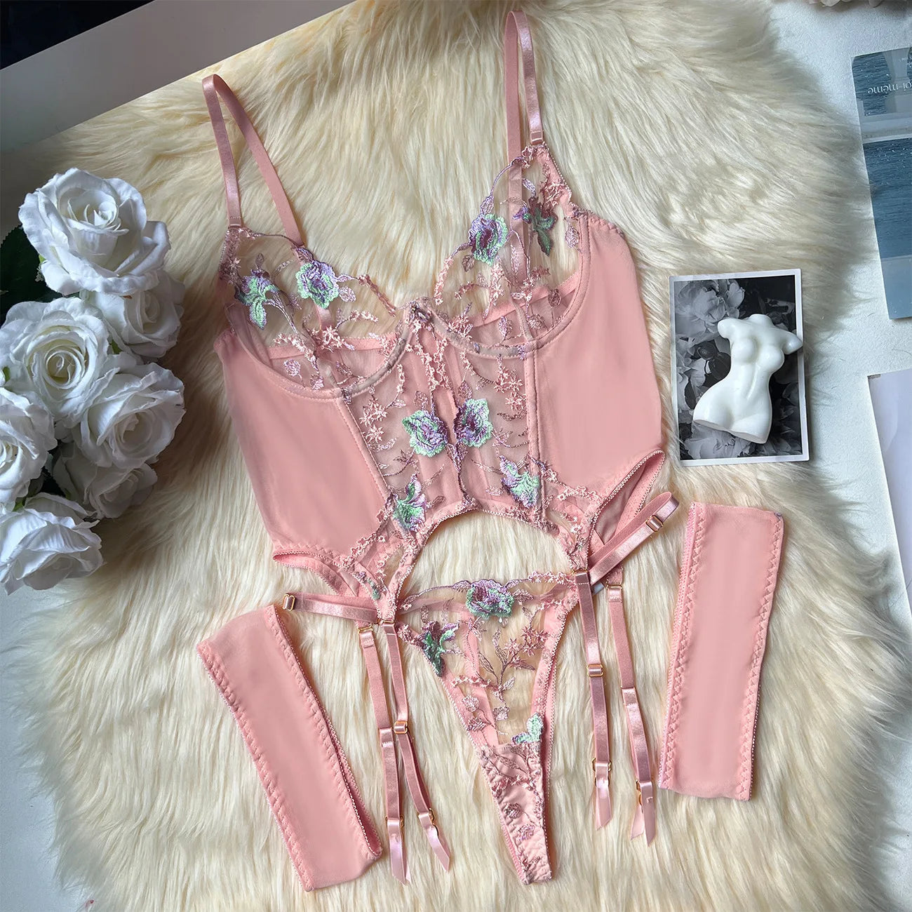 Sheer Embroidery Bra & Brief Set — Transparent Lace Underwear Suit