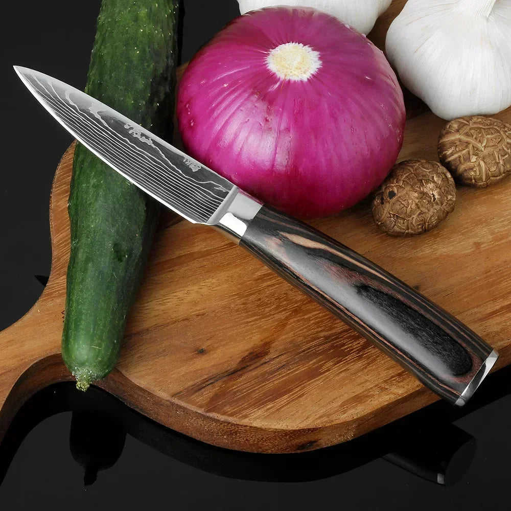 Damascus Kitchen Knife Set — Japanese Santoku, Cleaver, Slicing & Boning Knives
