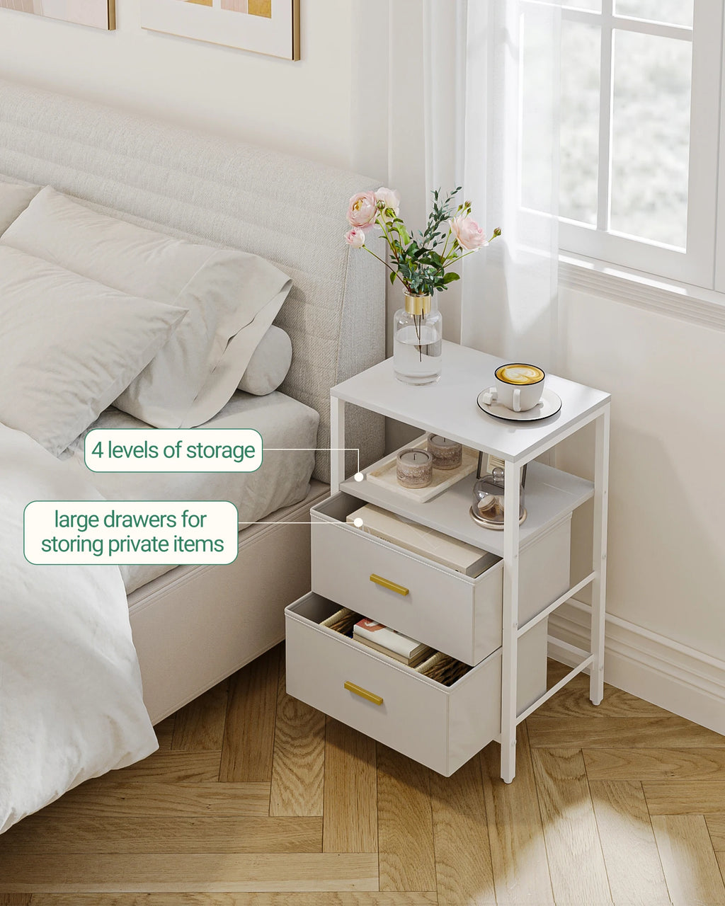 Bedside Table set of 2, Side Table with 2 Storage Drawers, Open Compartment, Coffee Table, Bedside Table Bedroom, White