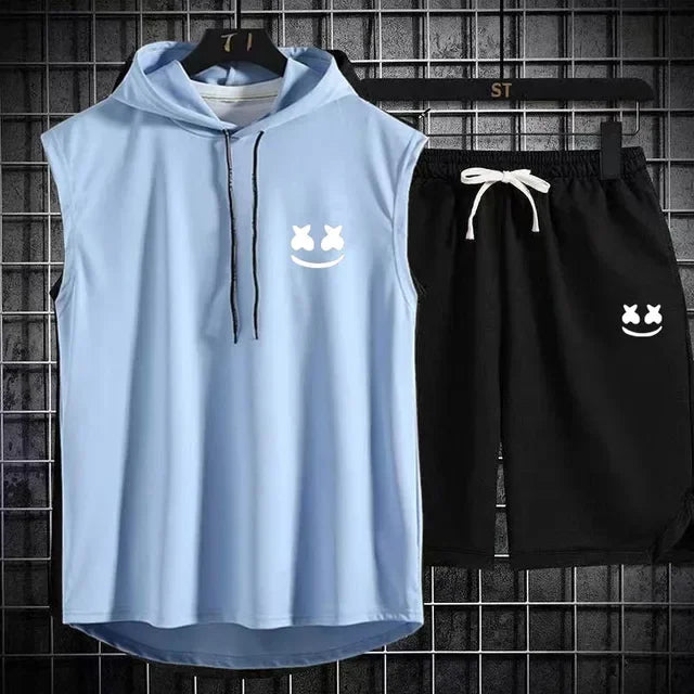 Men's Short Sleeve T-Shirt & Elastic Waist Shorts Casual Sport Set