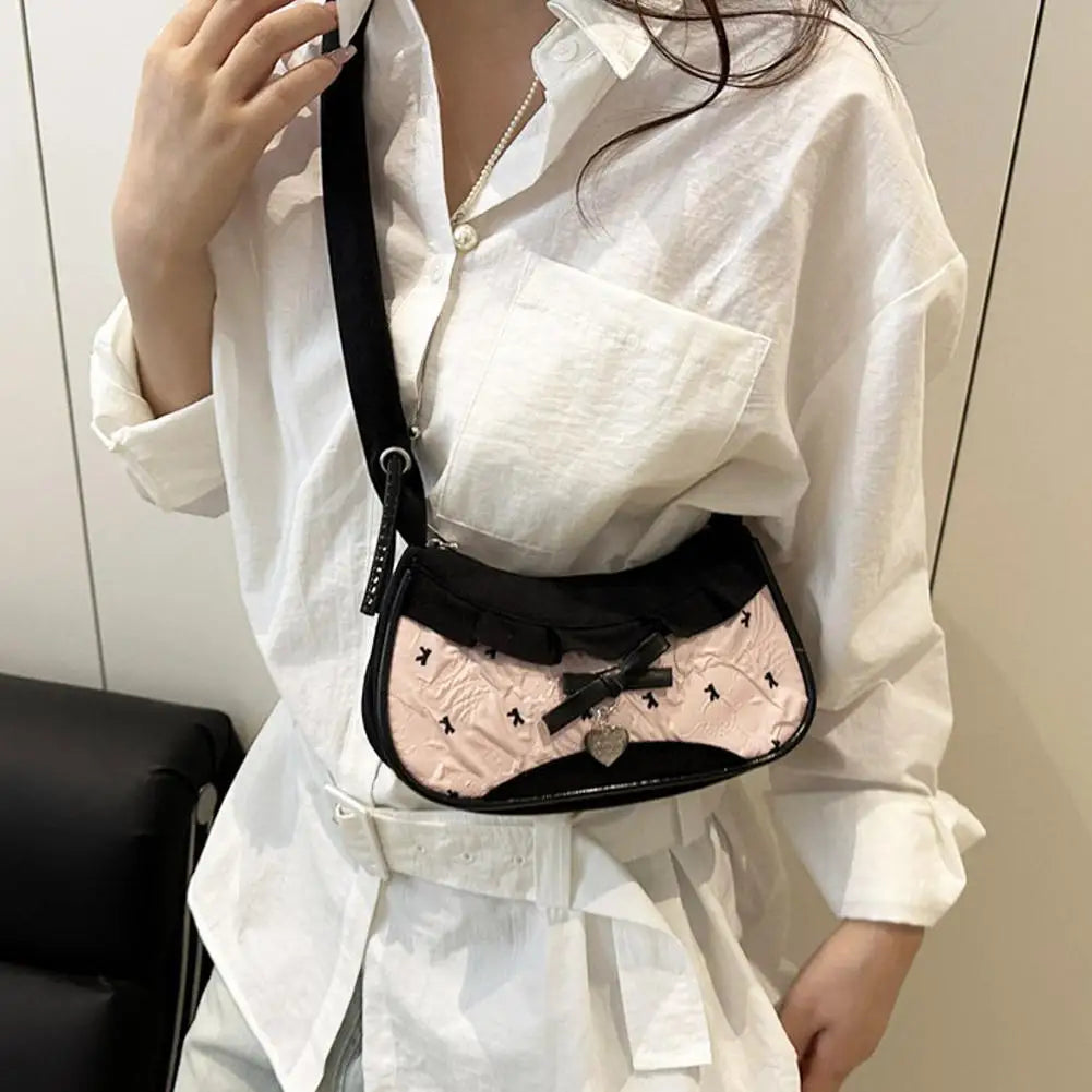 Y2K Checkered Lace Bowknot Shoulder Bag – Sweet Underarm Crossbody Bag for Women