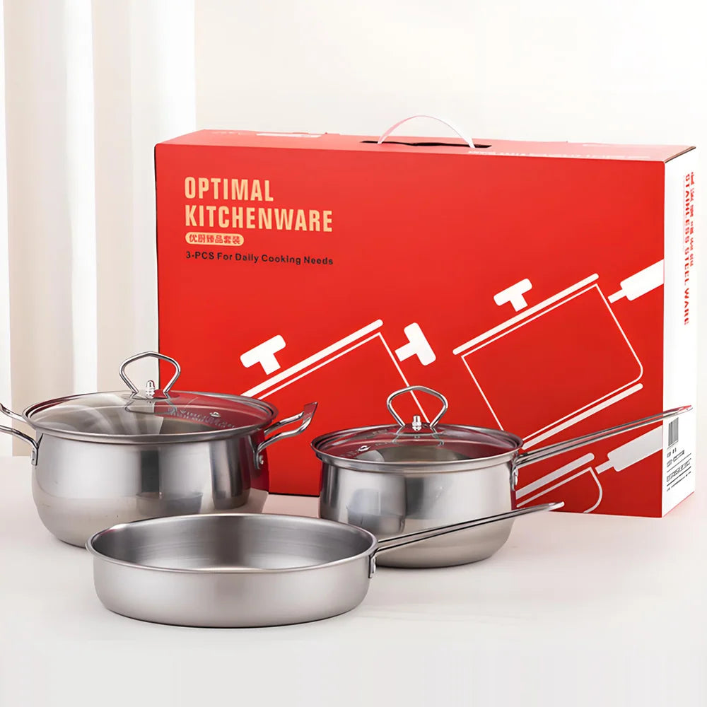 3-Piece Stainless Steel Cookware Set – Stockpot, Saucepan & Frying Pan