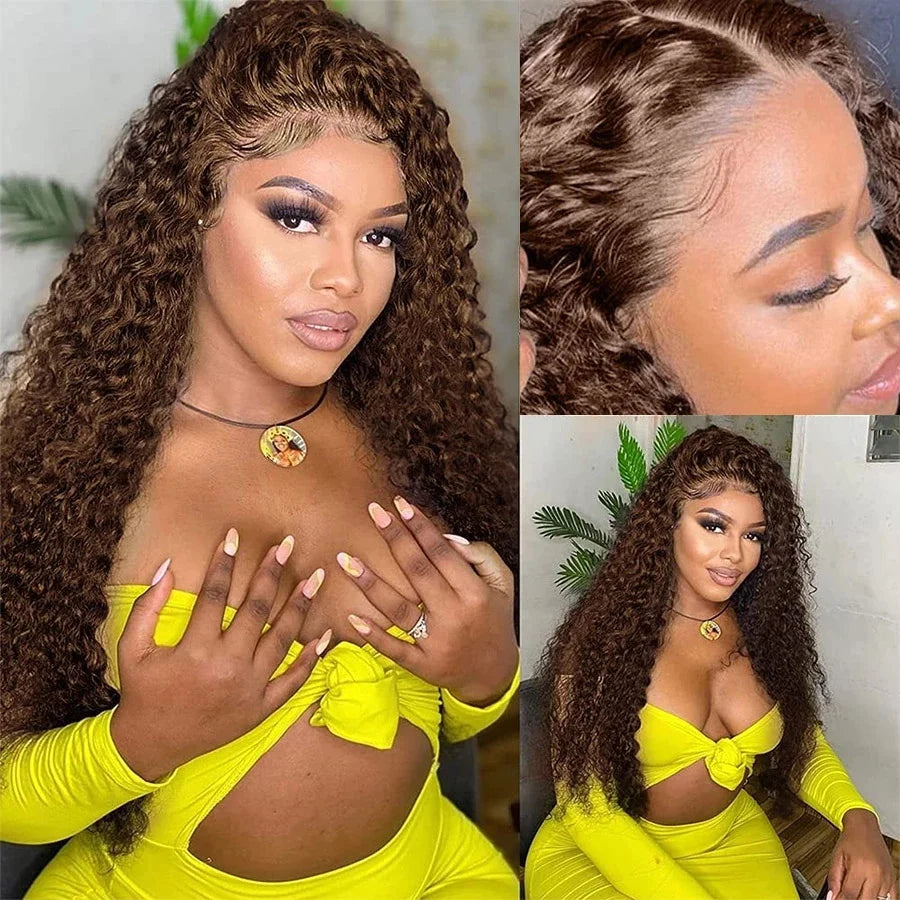 Chocolate Brown Curly 13x4 Lace Front Wig Human Hair Water Wave Brazilian Wig HD Lace 36 Inch for Women 13x6 Frontal Wig