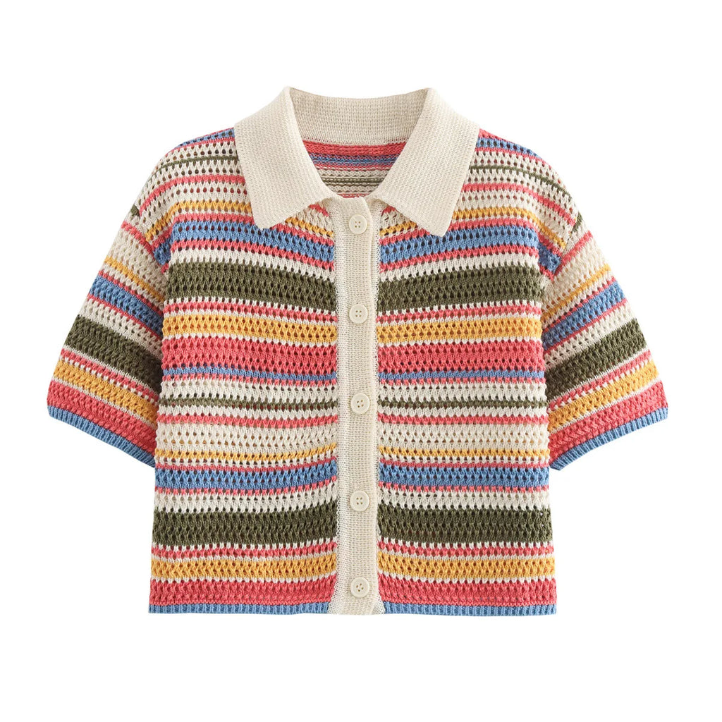 Women's Y2K Crochet Knit Crop Sweater & Shorts Set – Polo Collar Striped Patchwork Hollow Out