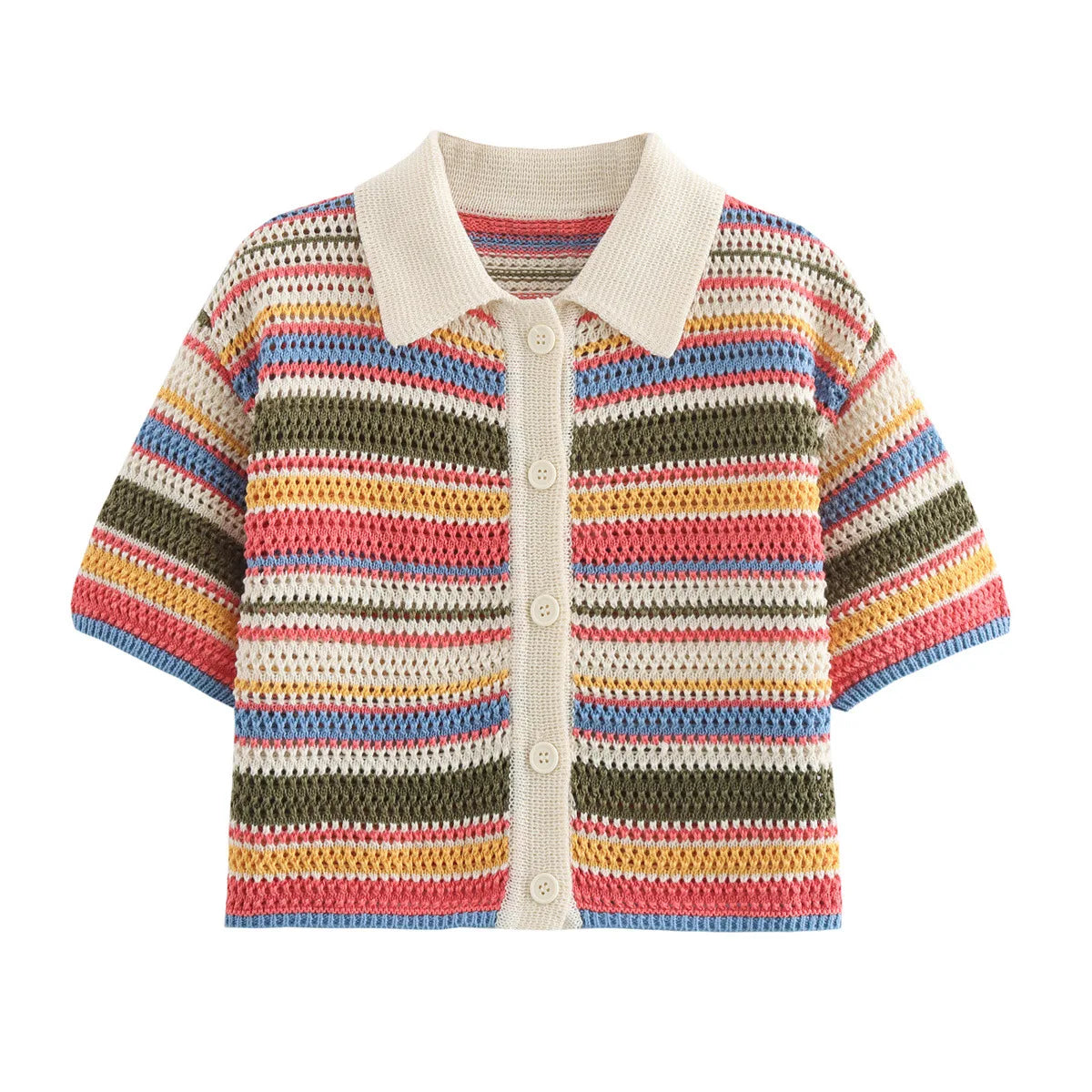 Women's Y2K Crochet Knit Crop Sweater & Shorts Set – Polo Collar Striped Patchwork Hollow Out