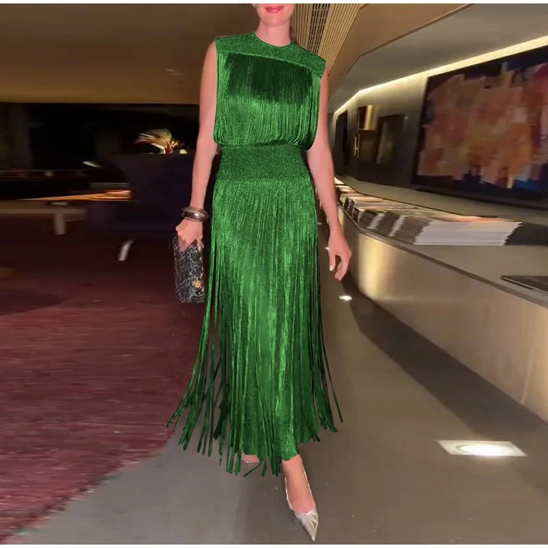 Sequin Tassel Evening Dress — Sleeveless O-Neck High Waist Slim Long Party Dress