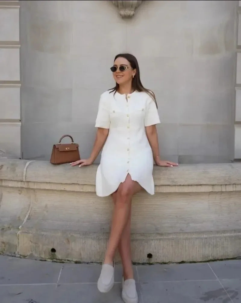 Elegant Knit Rib Mini Dress — High Waist Short Sleeve Bodycon Sweater Dress
