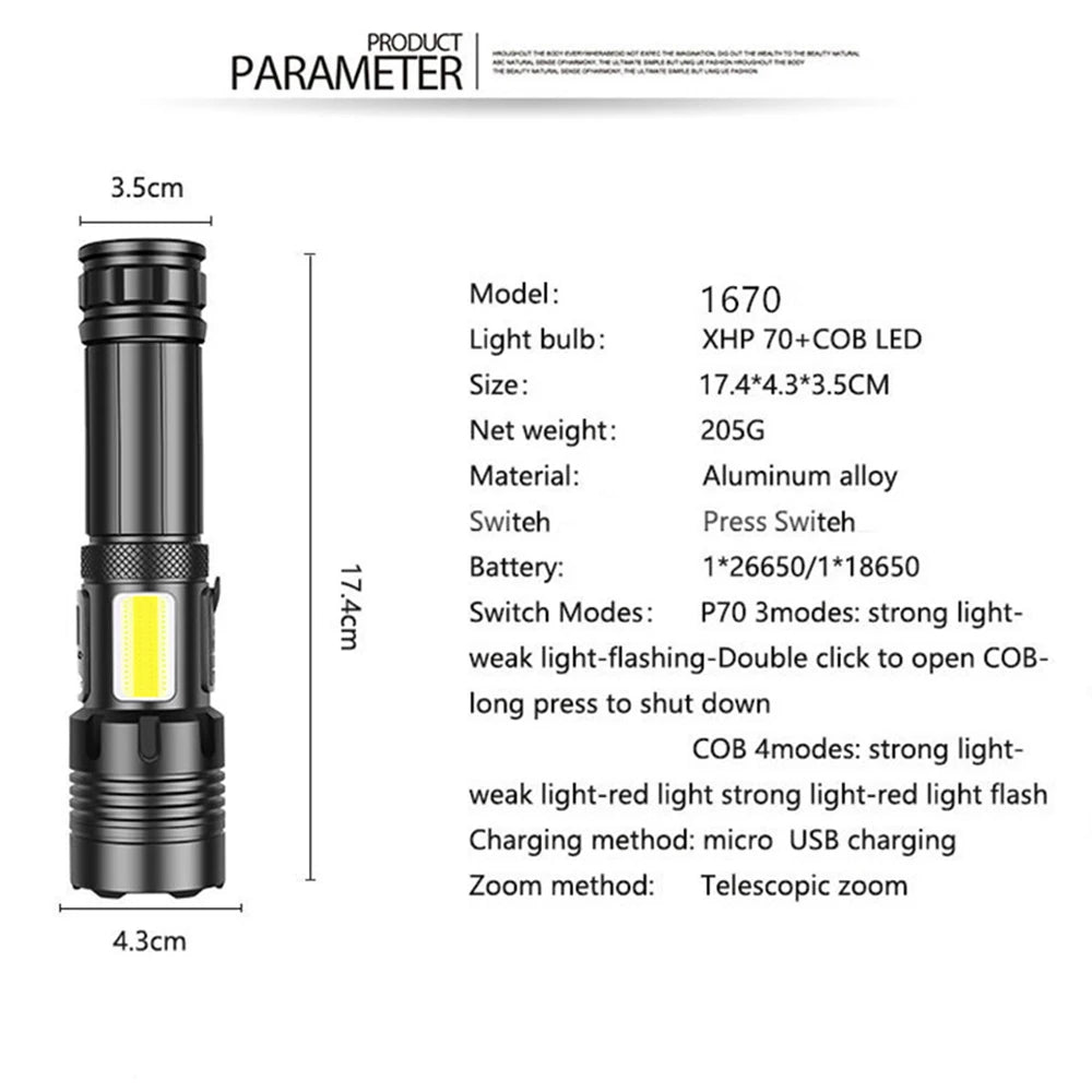 90000 Lumens XHP90 LED Tactical Flashlight – Rechargeable USB Zoomable 7-Mode Torch