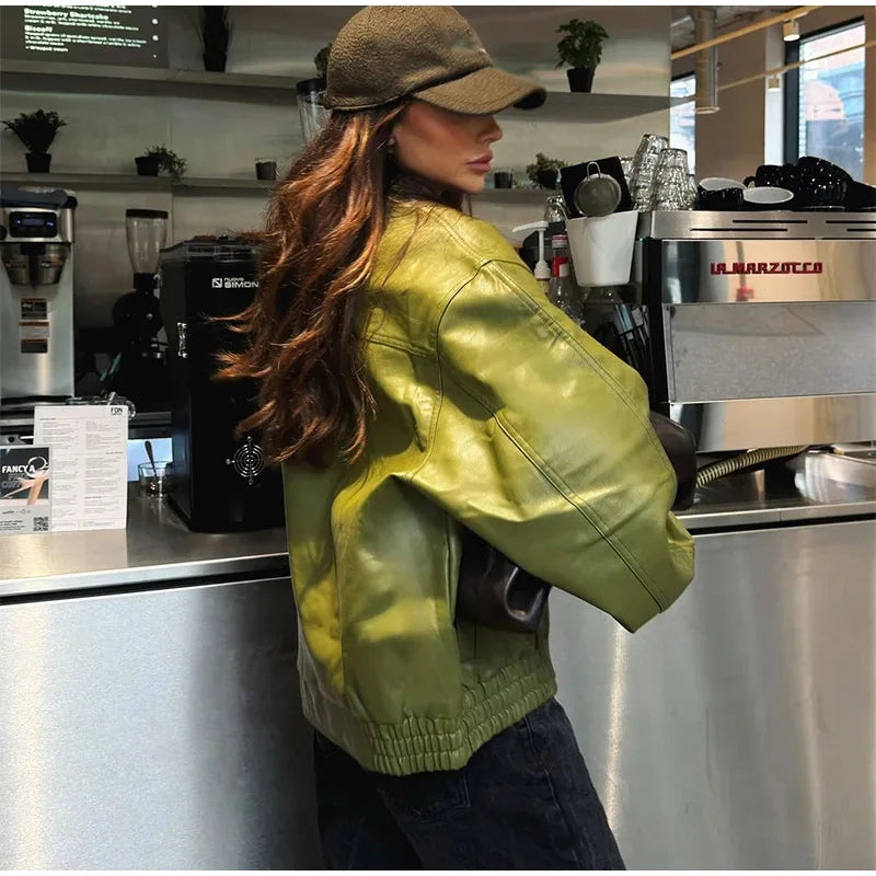 Women's Green Faux Leather Jacket – Loose Fit Lapel