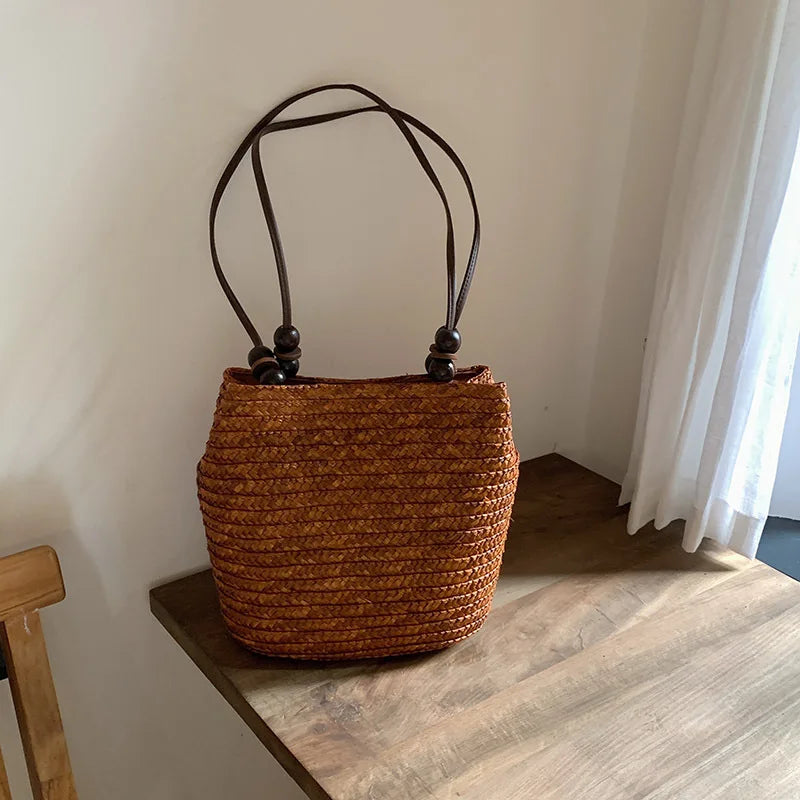 Handmade Straw Rattan Woven Tote Bag – Bohemian Beaded Summer Beach Shoulder Bag for Women
