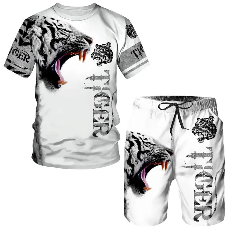 Men's 3D Tiger Print Short Sleeve T-Shirt & Shorts Set – Casual Sportswear