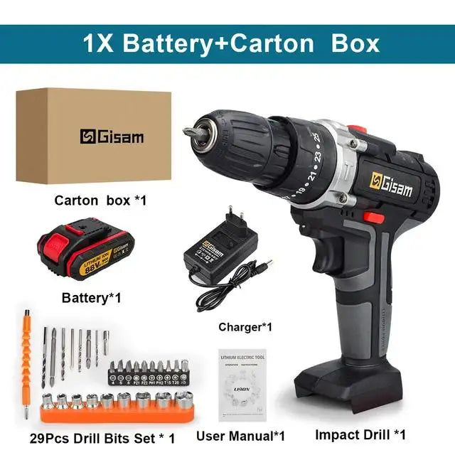 21V Cordless Impact Drill — 25+3 Torque Settings, LED Light & Drill Bits Set Included