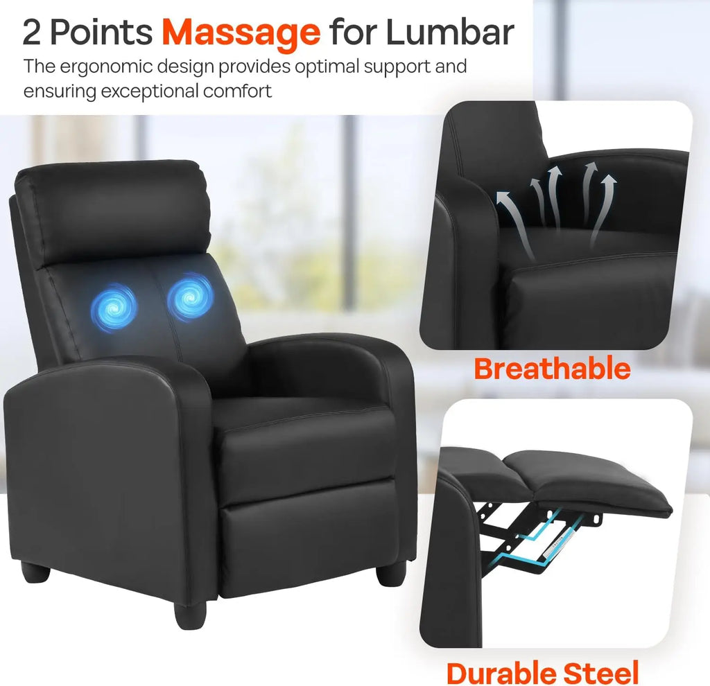 Massage Recliner Sofa with Lumbar Support — Black PU Leather