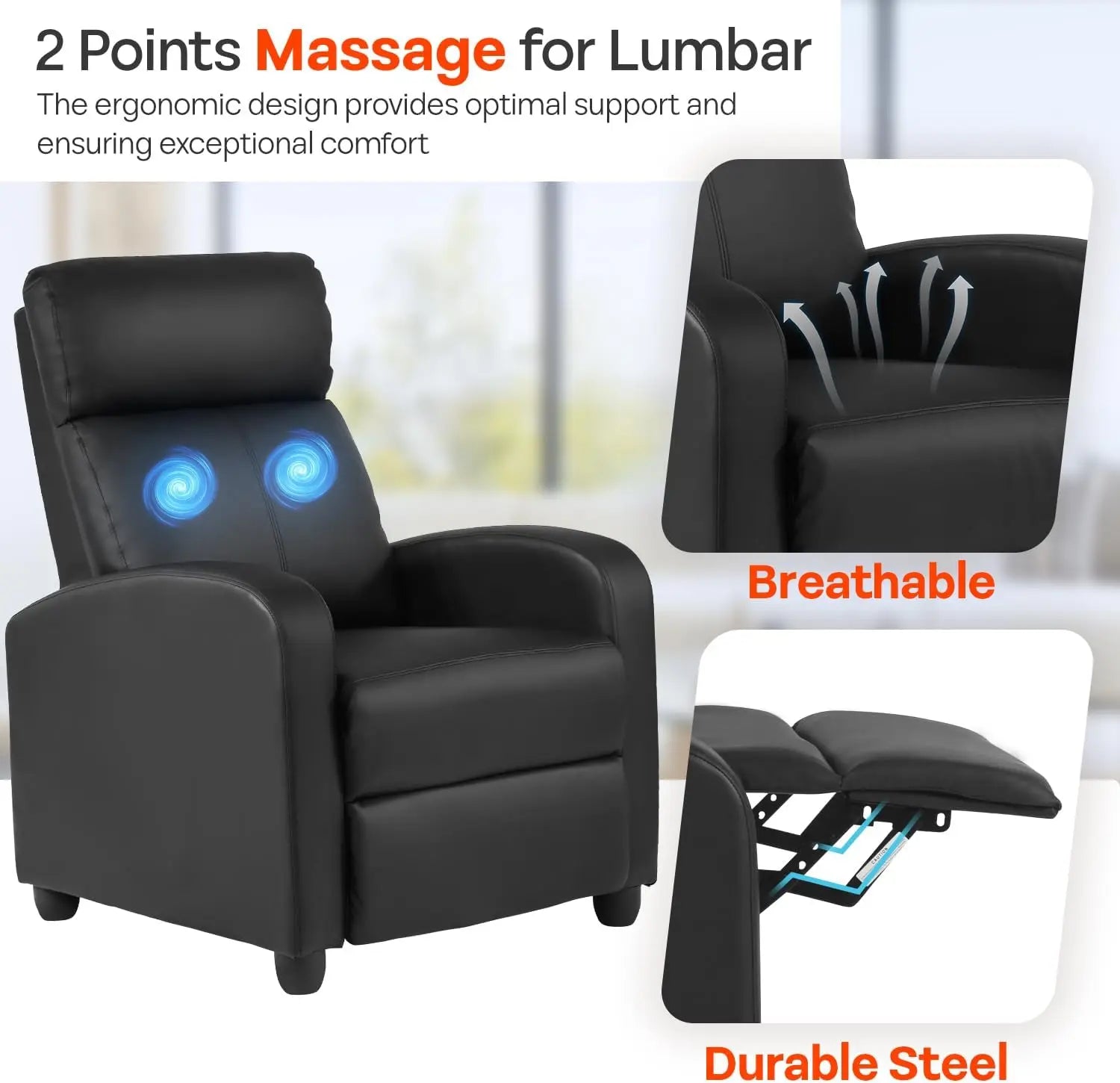 Massage Recliner Sofa with Lumbar Support — Black PU Leather