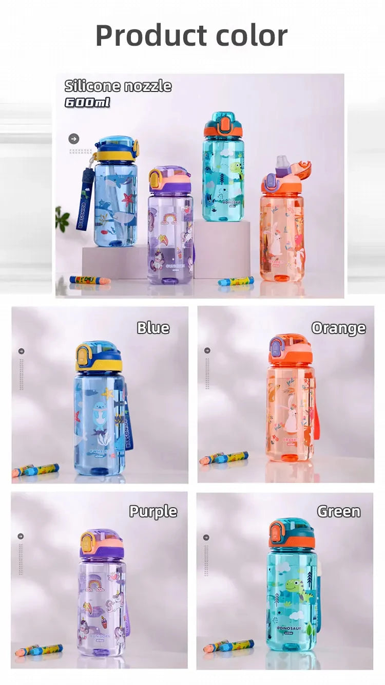600ml Dinosaur Kids Water Bottle – BPA-Free Silicone Straw Sippy Cup, Leakproof with Carry Rope