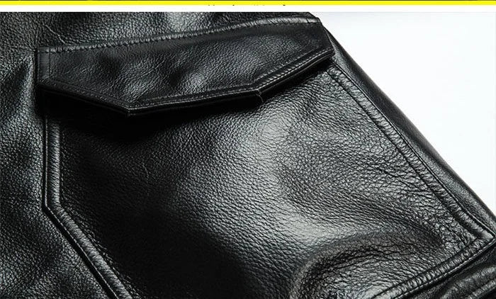 Men's Black Glossy Genuine Cowhide MA-1 Flight Jacket — Military Bomber with Point Collar