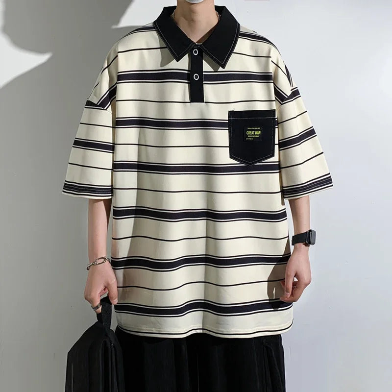 Men's Striped Polo Shirt — Loose Fit Short Sleeve Casual Summer Top