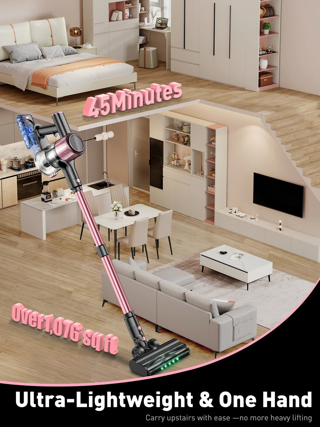 Cordless Vacuum Cleaner — 55Kpa / 500W / 45-Min Runtime, 10-in-1 Powerful Stick Vacuum for Home, Pet Hair, Hard Floor & Carpet