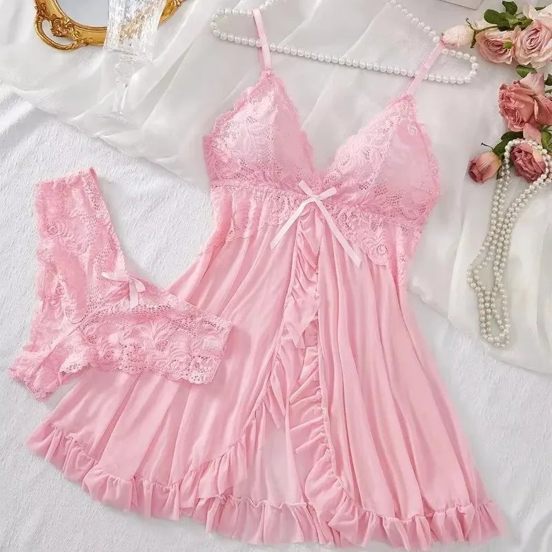 Lace Bra & Slip Nightdress Set — Wire-Free Sexy Sleepwear