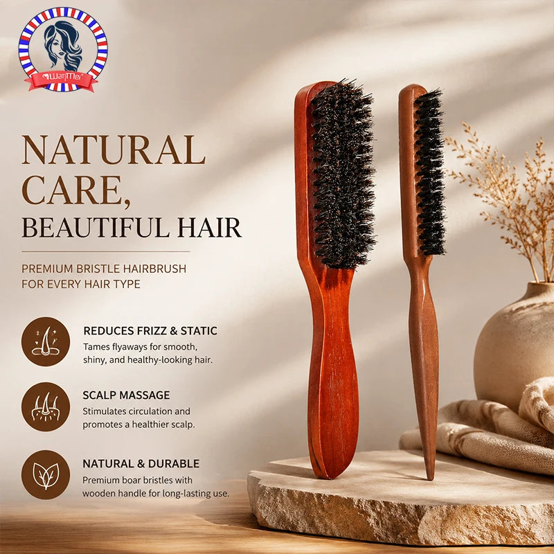 Premium Bristle Hairbrush with Wooden Handle – Frizz Reducer & Scalp Massage Brush