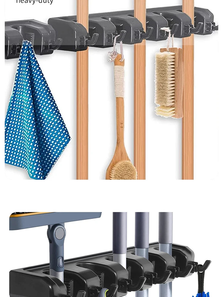 Wall Mounted Mop & Broom Holder — 3/4/5 Position Multi-Functional Storage Rack