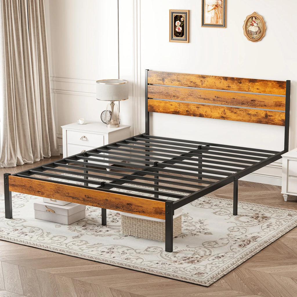 MCQ Metal Platform Bed Frame with Wooden Headboard — 700LBS
