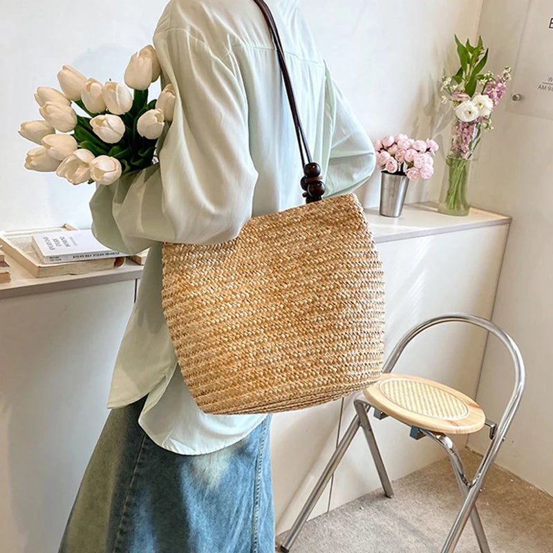 Handmade Straw Rattan Woven Tote Bag – Bohemian Beaded Summer Beach Shoulder Bag for Women